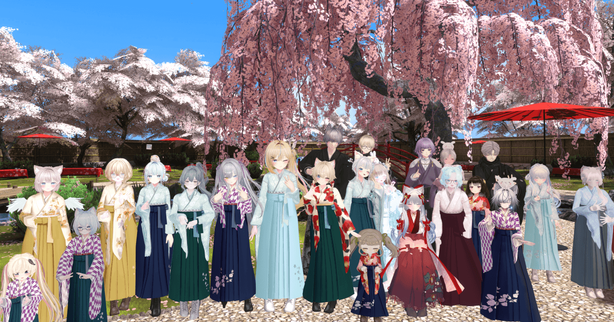 VRChat上の和装交流イベント『きものdeお花見会』の参加者たち