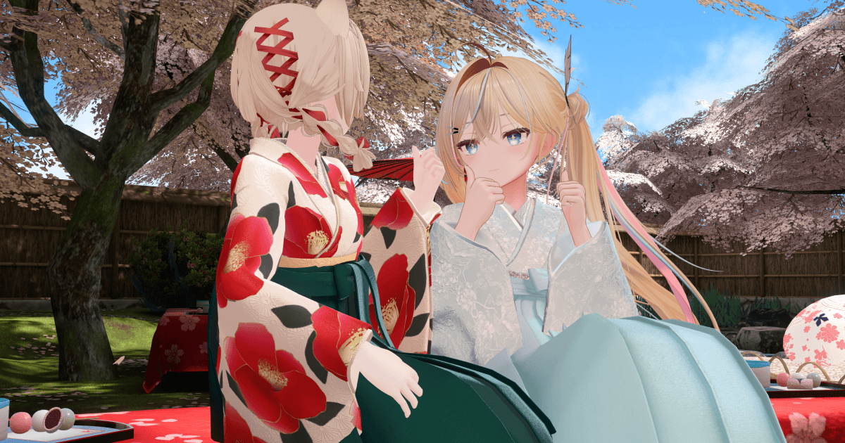 VRChat上の和装交流イベント『きものdeお花見会』で交流する参加者たち